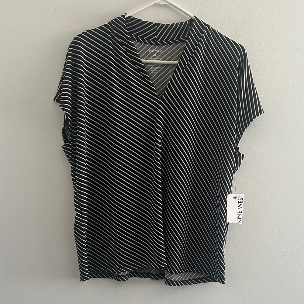 Nine West Black and White Diagonal Stripe V-Neck Blouse